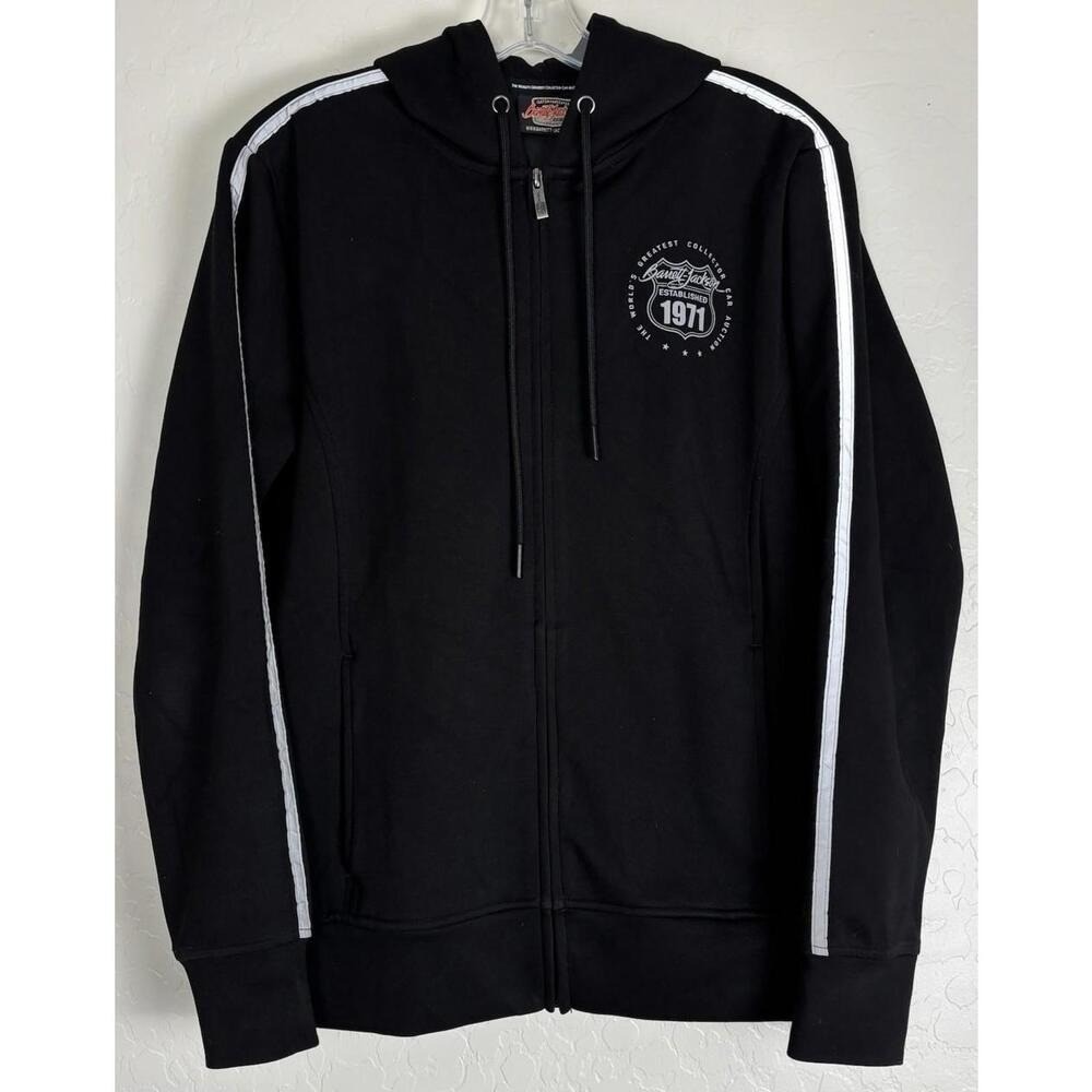 Barrett-Jackson Mens Black Zip Up Hoodie Racing Stripe Car Auction Medium 1537